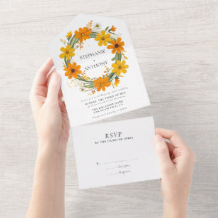Invitation Tout En Un Fleurs sauvages orange et jaune Mariage de couronn