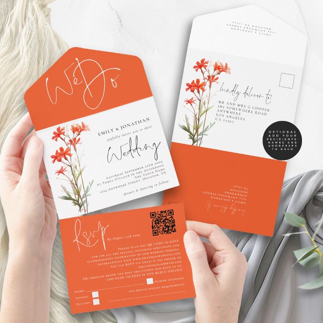 Invitation Tout En Un Fleurs sauvages rouges Nous faisons QR Code Mariag (Inside and outside view)
