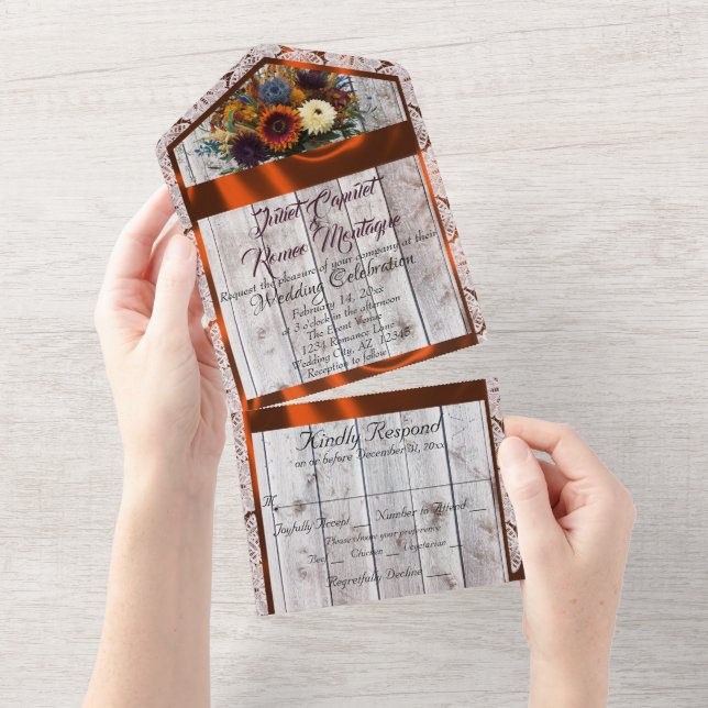 Invitation Tout En Un Fleurs sauvages, ruban de cuivre, dentelle et lumi (Déchirure)