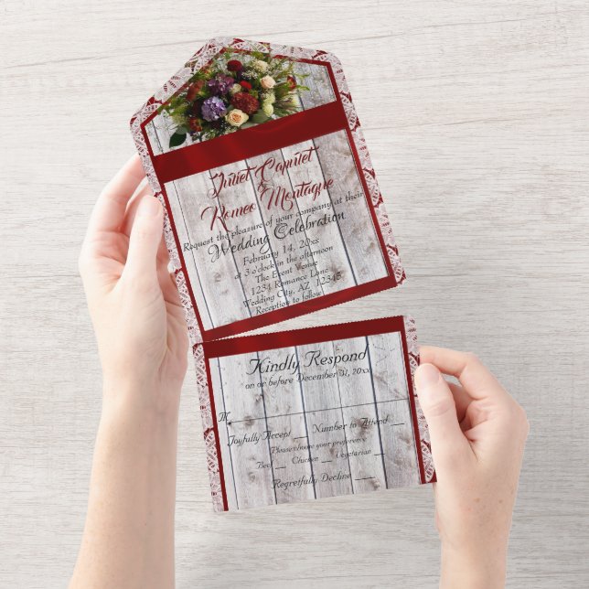 Invitation Tout En Un Fleurs sauvages, Ruban rouge, dentelle et lumières (Déchirure)