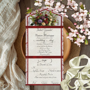Invitation Tout En Un Fleurs sauvages, Ruban rouge et Mariage de dentell