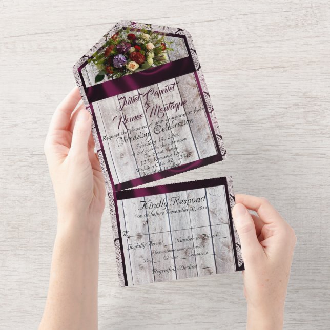 Invitation Tout En Un Fleurs sauvages, Ruban Violet, Dentelles & Lumière (Déchirure)