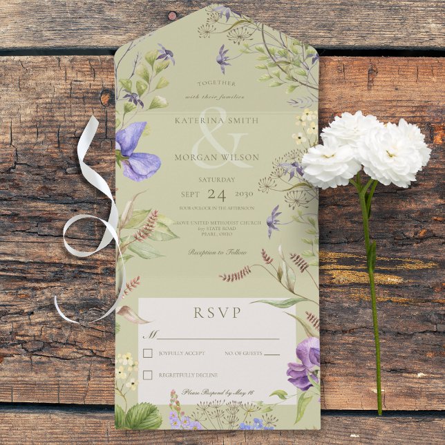 Invitation Tout En Un Fleurs sauvages Rustiques en Lavande Sage Green Pa (Rustic Lavender Wildflowers Sage Green All In One Wedding Invitation without Dinner Options)