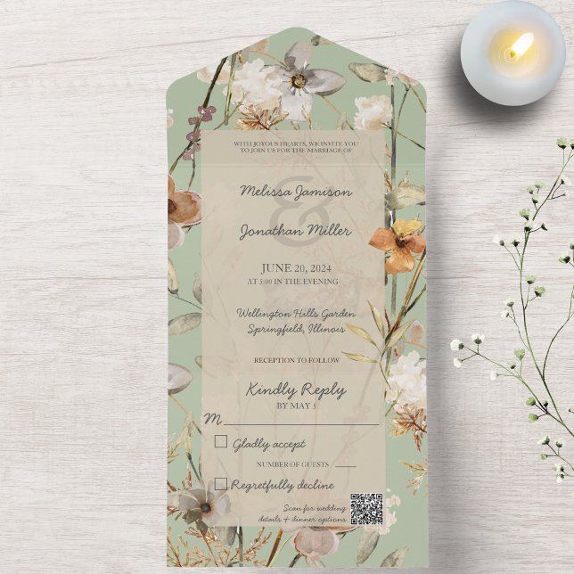 Invitation Tout En Un Fleurs sauvages sur Sage Green avec code QR (Créateur téléchargé)
