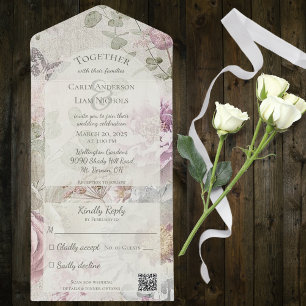 Invitation Tout En Un Fleurs sauvages vintages avec papillon avec code Q
