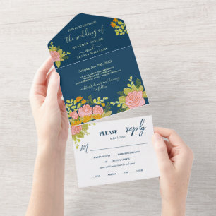 Invitation Tout En Un Fleurs Sombre Bleu Marine Mariage Botanique