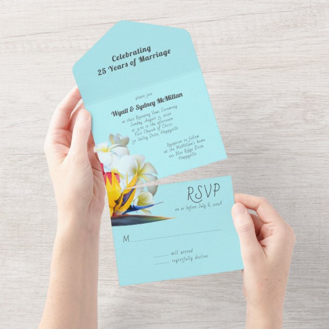 Invitation Tout En Un Fleurs tropicales Mariage Anniversaire Renouveau d (Déchirure)