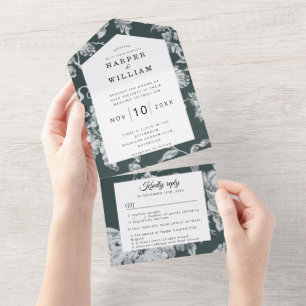 Invitation Tout En Un Fleurs vintages sur mariage vert émeraude