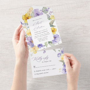 Invitation Tout En Un Fleurs violettes, Fleurs jaunes, Bohème, Douze ans