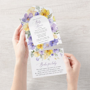 Invitation Tout En Un Fleurs violettes, Fleurs Jaunes, Boho, Baby shower