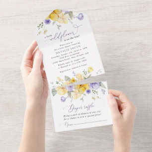 Invitation Tout En Un Fleurs violettes, Fleurs Jaunes, Boho, Baby shower