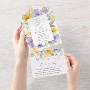 Invitation Tout En Un Fleurs violettes, Fleurs Jaunes, Boho, Baby shower