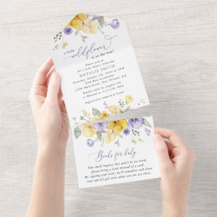Invitation Tout En Un Fleurs violettes, Fleurs Jaunes, Boho, Baby shower