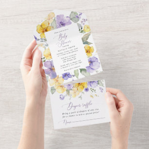 Invitation Tout En Un Fleurs violettes, Fleurs Jaunes, Boho, Baby shower