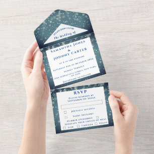 Invitation Tout En Un Flocons de neige Bleu Mariage de Noël Hivernal 