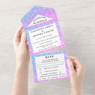 Invitation Tout En Un Flocons de Neige Rose Hiver Merveilleux Mariage