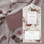 Invitation Tout En Un Floral à la crème Rustique Boho Marsala<br><div class="desc">Éléments : roses d'aquarelle élégants et verdure autour d'un cadre délicat. Vos noms et informations apparaissent dans les polices serif modernes. Couleurs : bordeaux, marsala, crème, vert, marron. Thèmes : boho, bohème, rustique, automne, automne, hiver, tons terre, neutres, vintage. Collection : Rustic Boho Marsala Cream Floral Mariage Collection. Type de...</div>