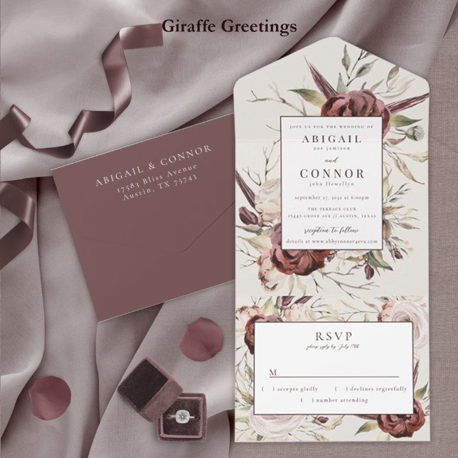 Invitation Tout En Un Floral à la crème Rustique Boho Marsala (Créateur téléchargé)