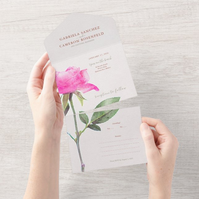 Invitation Tout En Un Floral Aquarelle Rose Mariage en terre cuite (Déchirure)