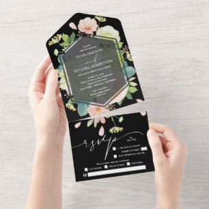 Invitation Tout En Un Floral aquarelle sur Mariage noir