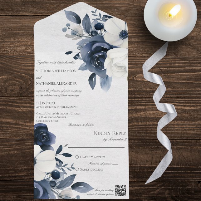 Invitation Tout En Un Floral bleu d'hiver sur code QR blanc marbré (Créateur téléchargé)