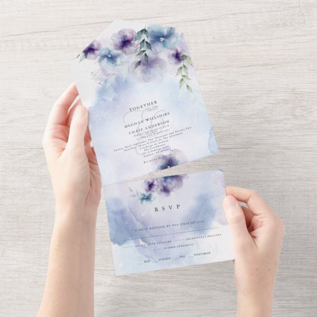 Invitation Tout En Un Floral Bleu et Violet tout en un (Déchirure)