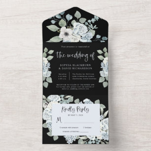 Invitation Tout En Un Floral bleu noir et poussiéreux   Mariage aquarell