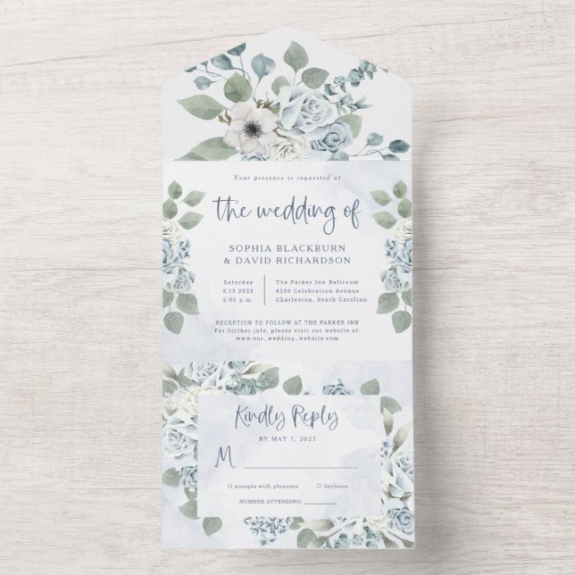 Invitation Tout En Un Floral bleu rustique | Mariage aquarelle (À l'intérieur)