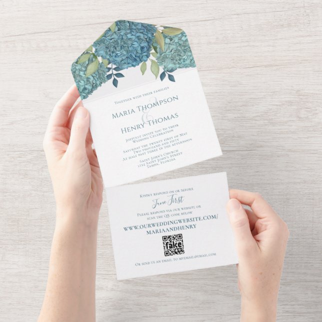 Invitation Tout En Un Floral Blue Hydrangea QR Code Invité Adressé (Déchirure)