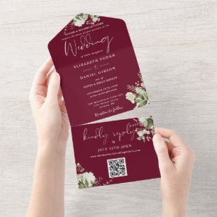 Invitation Tout En Un Floral Bourgogne QR Code Mariage officiel