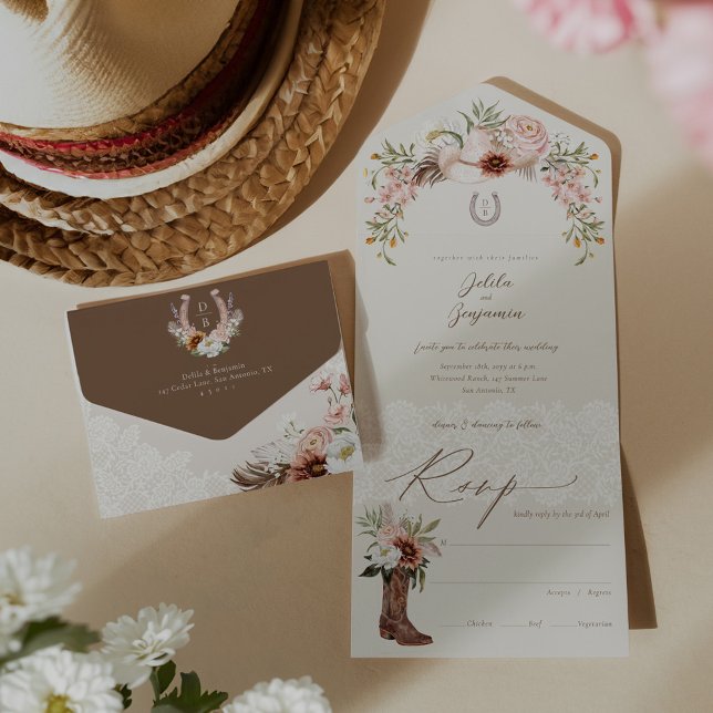 Invitation Tout En Un Floral Cowboy Casquette Pays Western Monogramme Ma (Floral Cowboy Hat Country Western Monogram Wedding All In One Invitation)