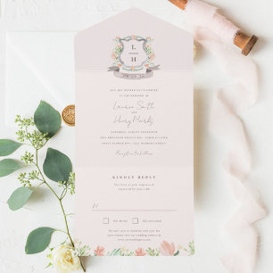Invitation Tout En Un Floral Crest Aquarelle Monogramme Mariage