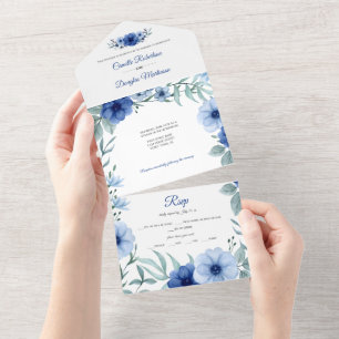 Invitation Tout En Un Floral d'anémones bleu et vert