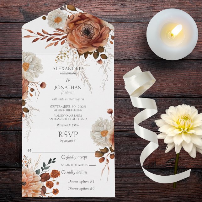 Invitation Tout En Un Floral d'automne rustique avec options de dîner (Also available without dinner options or with QR code. )