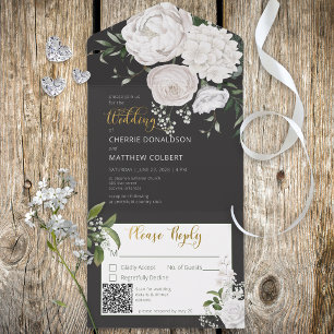 Invitation Tout En Un Floral de pivoines blanches rustiques sur code QR