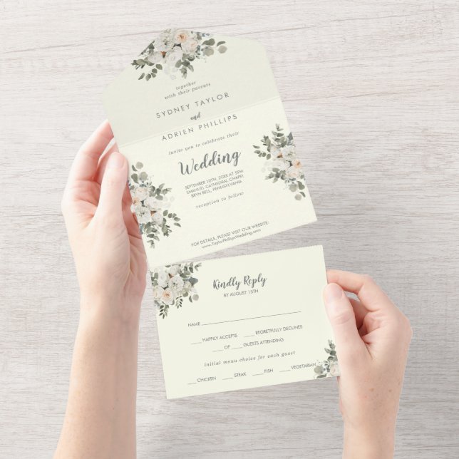 Invitation Tout En Un Floral d'hiver | Mariage ivoire (Déchirure)