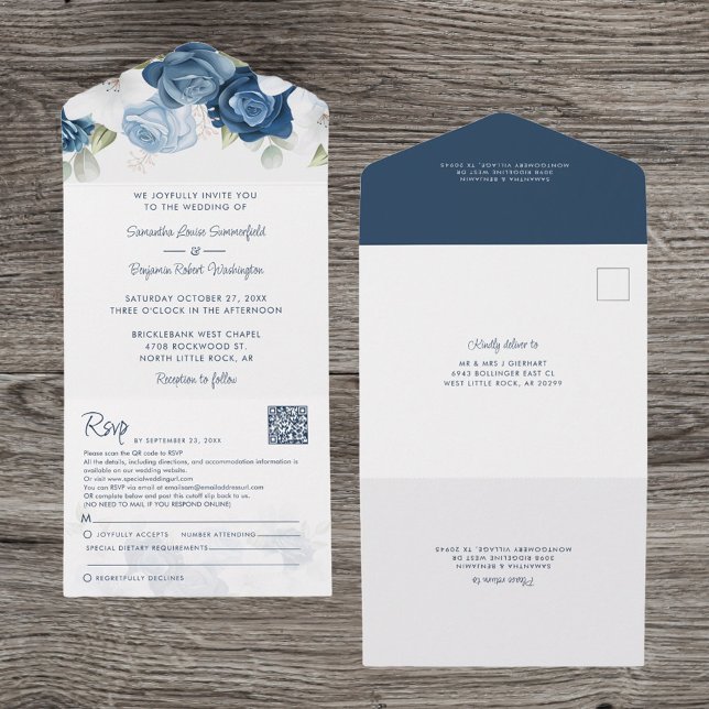 Invitation Tout En Un Floral Dusty Bleu Mariage de script botanique (All-in-One Dusty Blue Floral Wedding Invitation)
