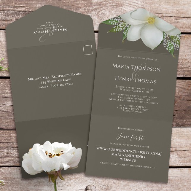 Invitation Tout En Un Floral Elegant Blanc Magnolia Invité Adressé (Créateur téléchargé)