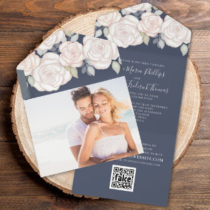 Invitation Tout En Un Floral Elegant Bleu Photo Détails du code QR