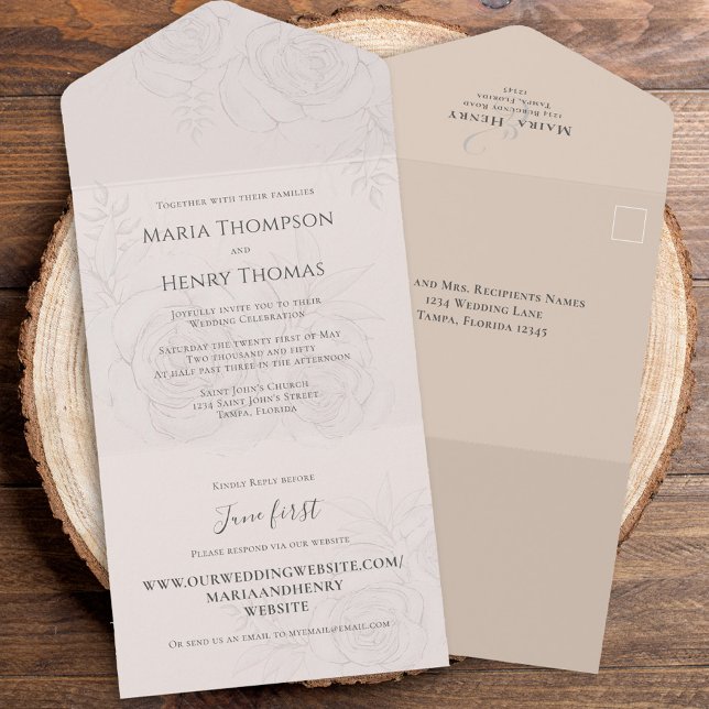 Invitation Tout En Un Floral Elegant Blush Simple Invité Adressé (Blush floral All in One Wedding Invitation.)