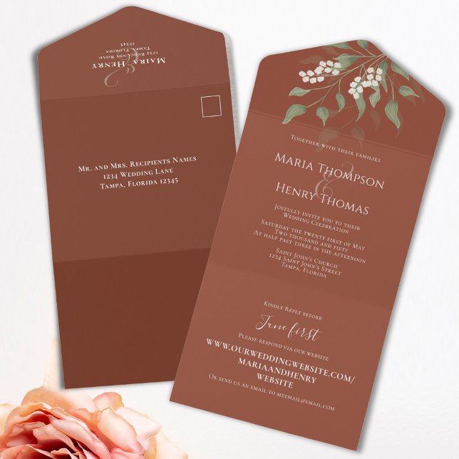 Invitation Tout En Un Floral Elegant White Terracotta Invité Adressé (Terracotta All in One Style invitation template. )