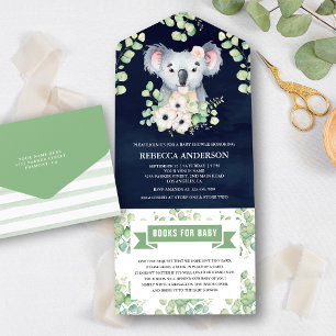 Invitation Tout En Un Floral Eucalyptus Koala Girl Navy Baby shower bleu