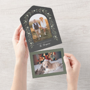 Invitation Tout En Un Floral Garland Arched Photo Black Christmas Card