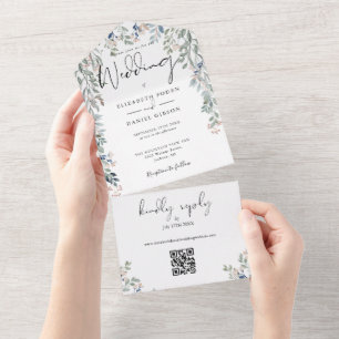 Invitation Tout En Un Floral Green Élégant Script QR Code Mariage
