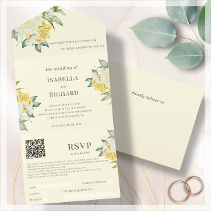 Invitation Tout En Un Floral jaune Code QR Mariage RSVP
