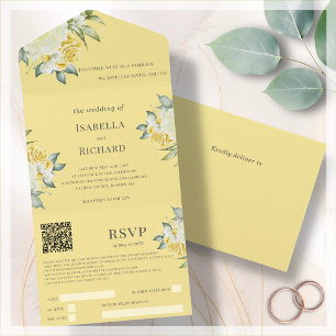 Invitation Tout En Un Floral jaune moutarde   Code QR Mariage RSVP