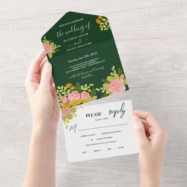 Invitation Tout En Un Floral Mariage vert foncé Botanique (Déchirure)