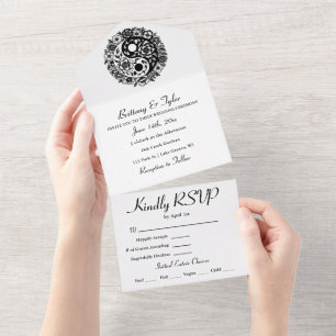 Invitation Tout En Un Floral noir et blanc Yin Yang Mariage