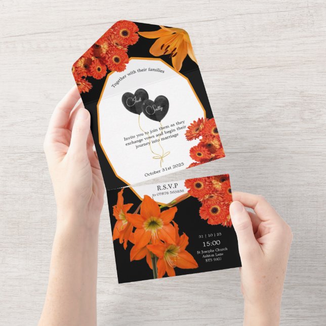 Invitation Tout En Un Floral Orange and Black Wedding (Déchirure)