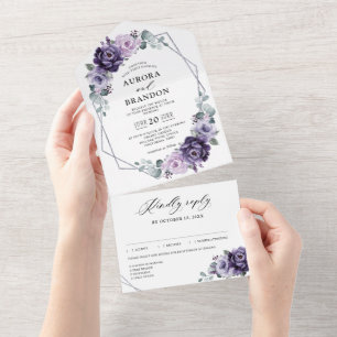 Invitation Tout En Un Floral Plum violet Argent Floroms Mariage géométri